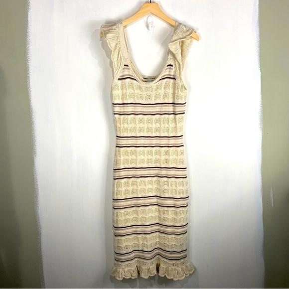 Freshman 1996 BOHO Crochet Knit Ruffle Striped Sleeveless Maxi Dress Large (NWT) - Picture 1 of 5